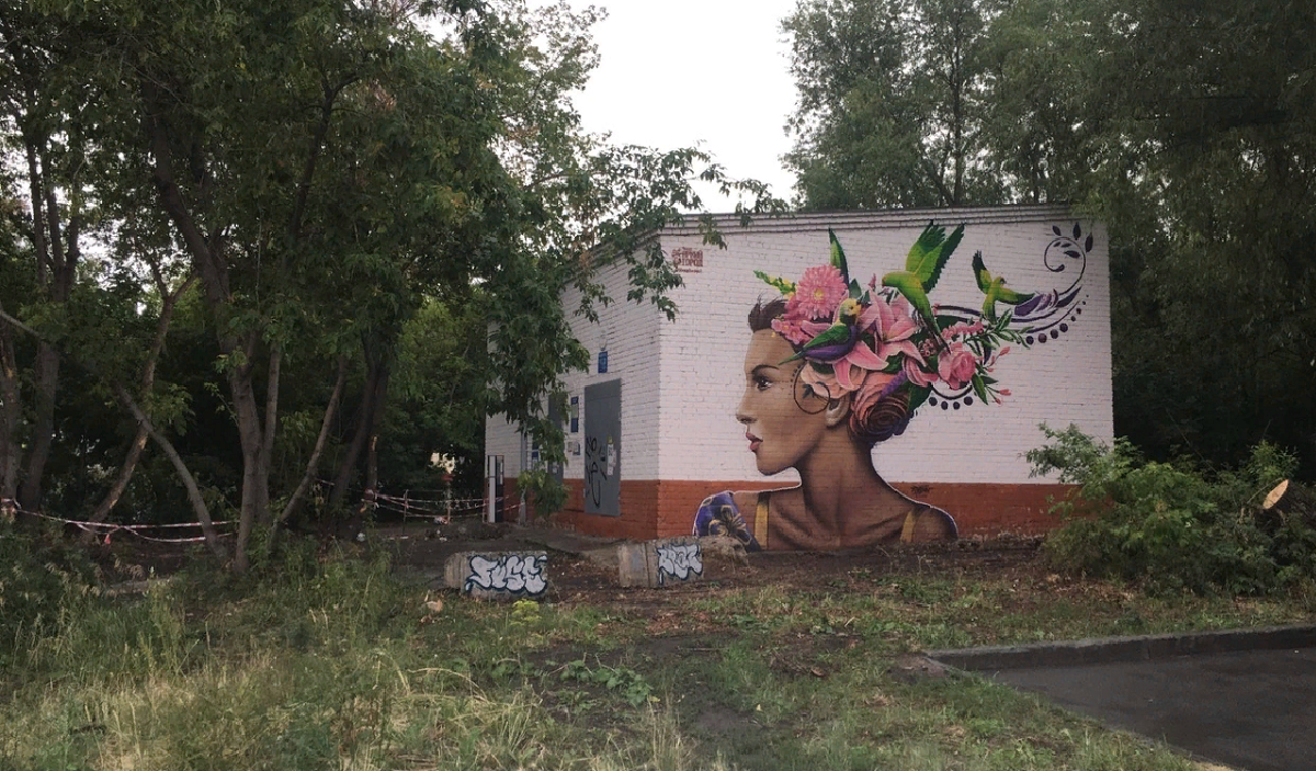 Изображение девушки с птицами появилось на неприметном здании в Челябинске