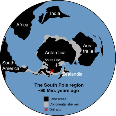 упрощенная обзорная карта южного полярного региона 90 миллионов лет назад
