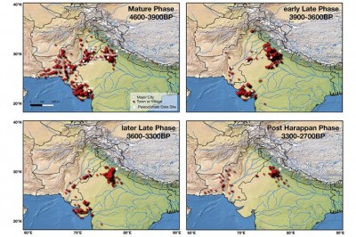 Поселения цивилизации долины Инда на разных этапах ее эволюции